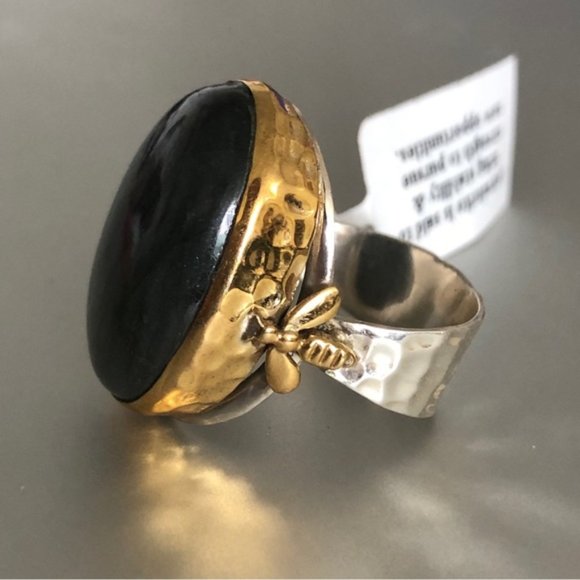 YS INDIA Oval Labradorite Bee Light Blue Ring sterling silver 925 & Brass sz.9 - Picture 15 of 16